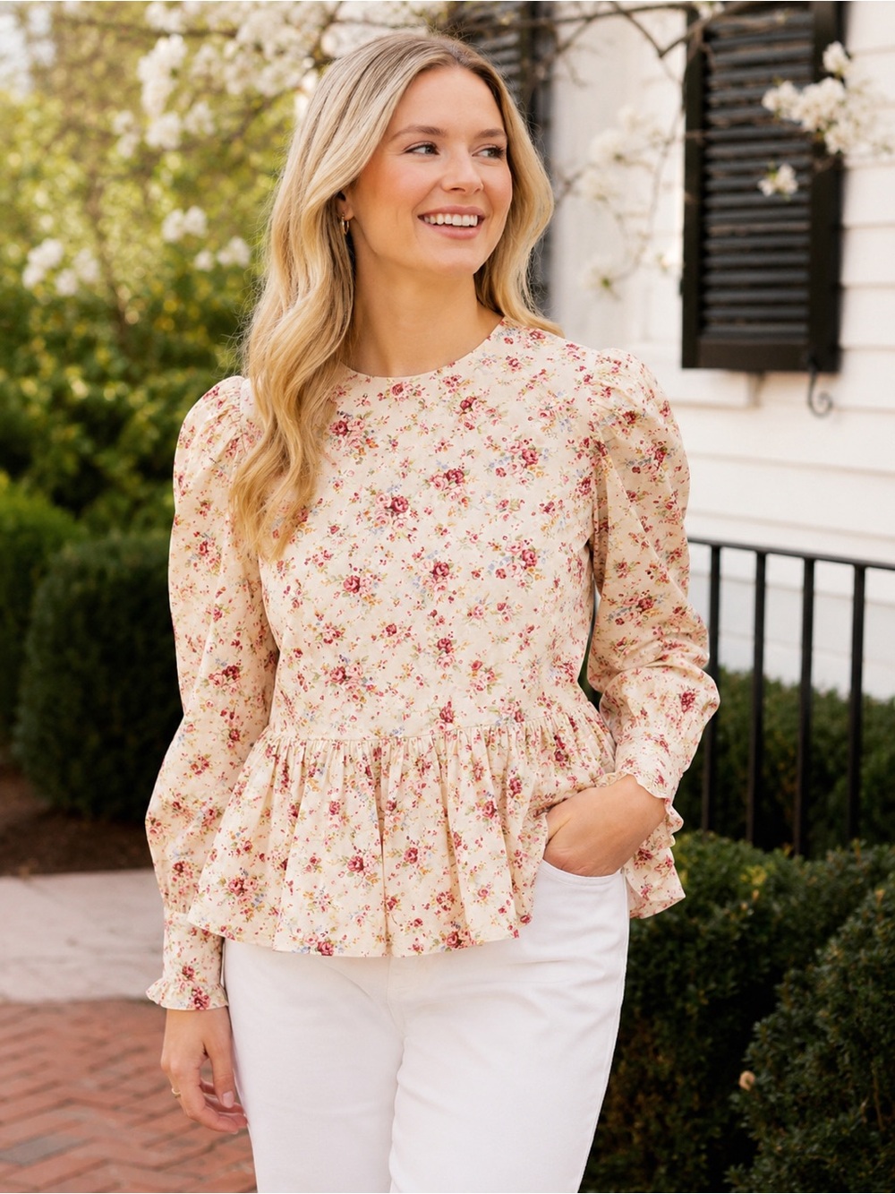 NWT HYACINTH HOUSE Floral Peplum Long-Sleeve Top in Cream